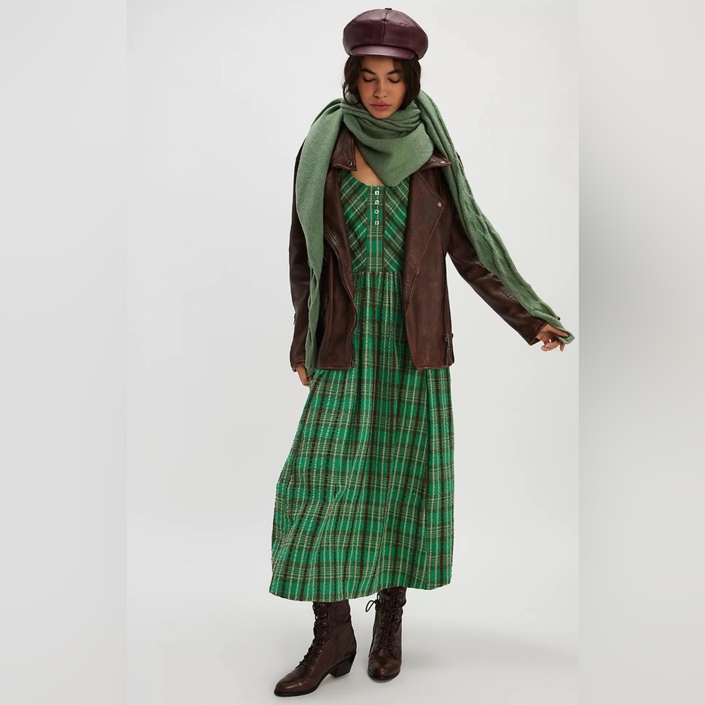 NWT Free People Tulie Plaid Midi Dress M - MSRP $168 Green Jade Combo - Picture 2 of 14